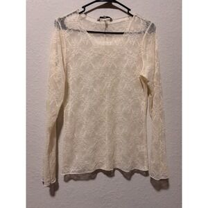 BKE Women's M Lace Long Sleeve Sheer Mesh Top Shirt Cream Ivory Cottagecore Boho